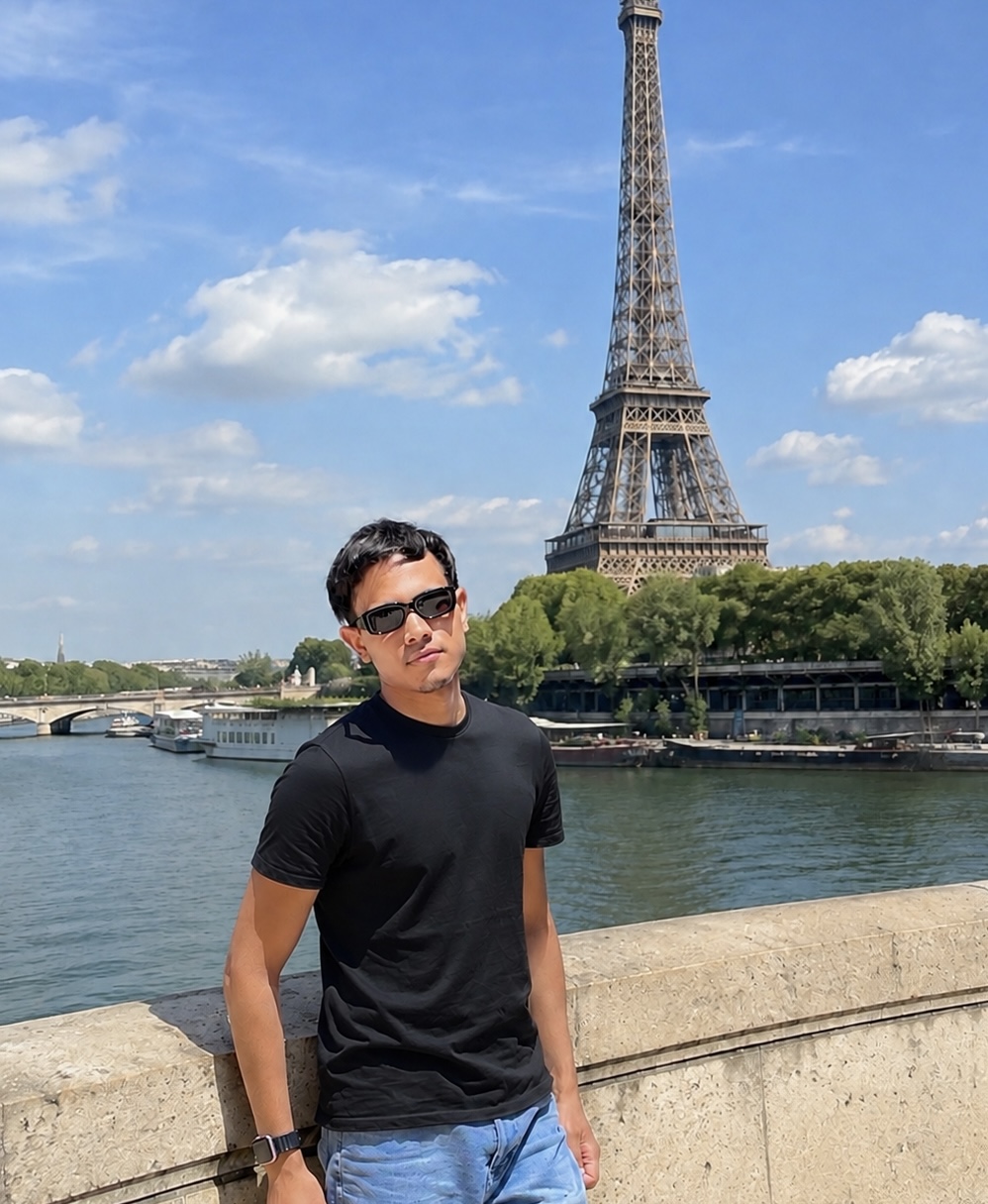 João Marques in front of the Eiffel Tower
